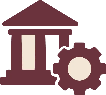 Icon depicting a maroon bank building with a beige window and adjacent maroon gear symbol.