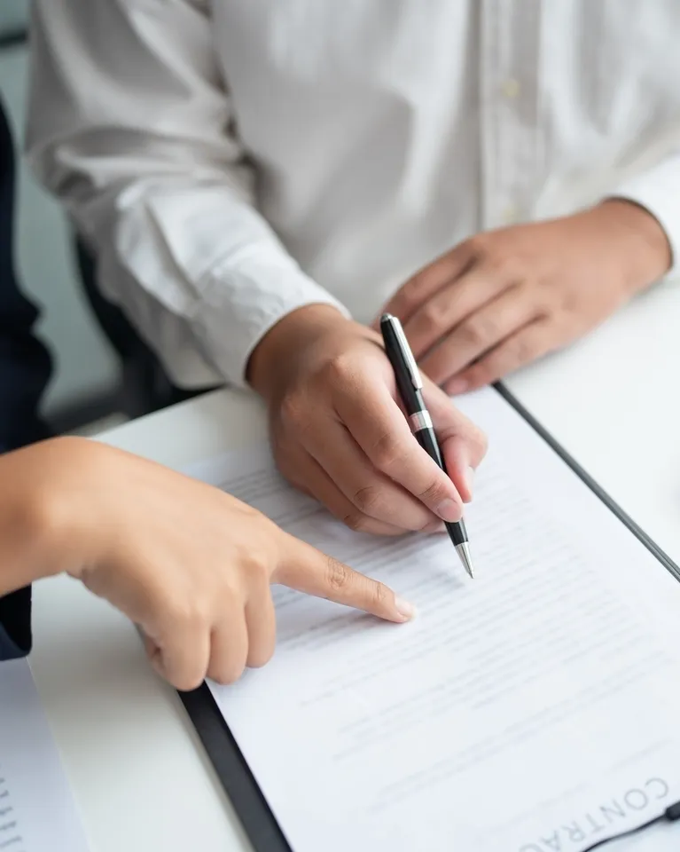 Two people reviewing and signing a document on a white table.