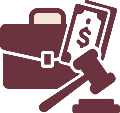 Icon of a maroon briefcase, dollar bills, and a judge's gavel.