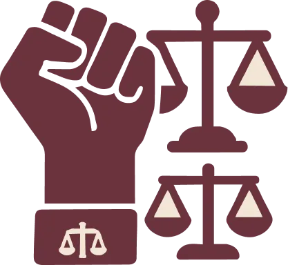 Illustration of a raised fist and two scales of justice in dark red and beige colors.