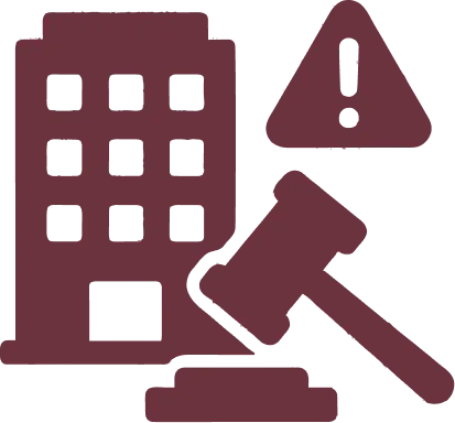 Icon depicting a building, a gavel, and a warning triangle with an exclamation mark.