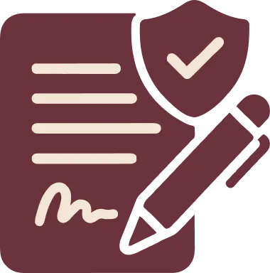 Icon of a maroon document with a signature, pen, and shield with checkmark.