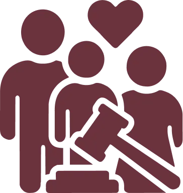 Icon of three people with a heart above and a judge's gavel in front, in dark red.