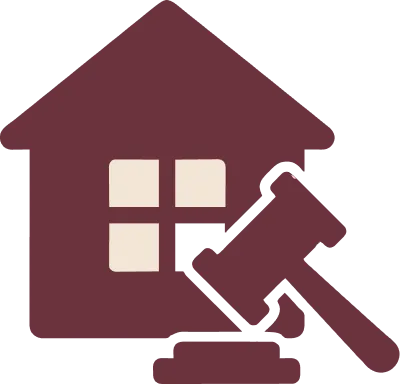 Icon of a maroon house with a beige window and a black gavel overlapping the front.