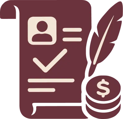 Icon of a document with user profile, checkmark, and stacked coins with a feather quill.