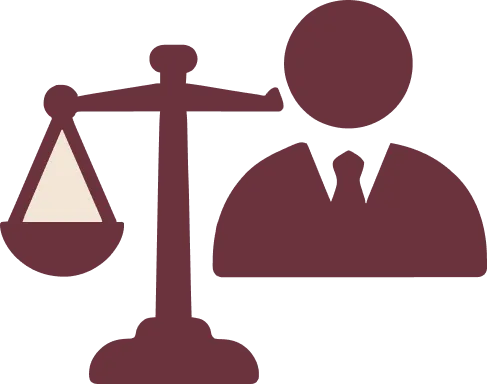 Icon of a person in suit next to a balanced scale symbolizing justice.