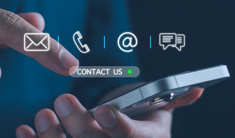 Close-up of hands holding a smartphone with digital contact icons and "Contact Us" text.